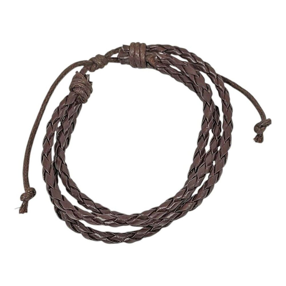 Faux Leather Slider Bracelet 3 Braided Strands Dark Brown Cowboy Cowgirl 7 - 10"
